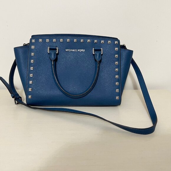 Michael Kors Selma Medium Studded Blue Saffiano Leather Crossbody Handbag - Picture 15 of 15